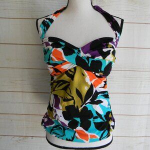 MIRACLESUIT BLACK FLORAL HALTER TIE NECK SWEATHEART TWIST TANKINI TOP SZ 12